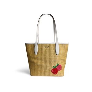 Kate Spade New York Straw Woven Tote White Leather Trim Strawberry